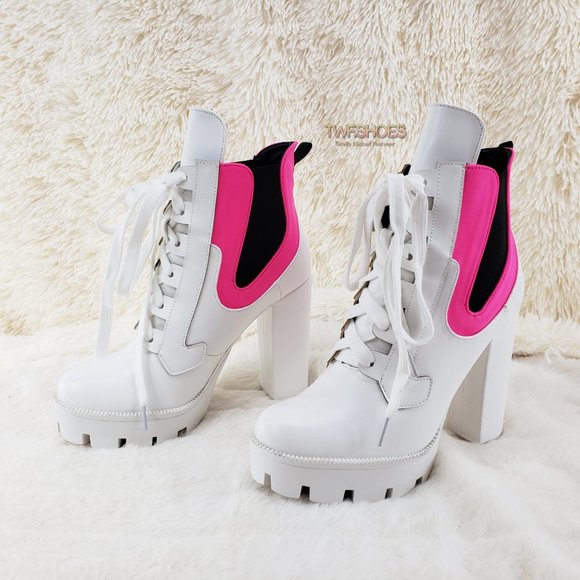 4" Heel Chunky Platform Ankle Boots White Pink - Picture 4 of 9